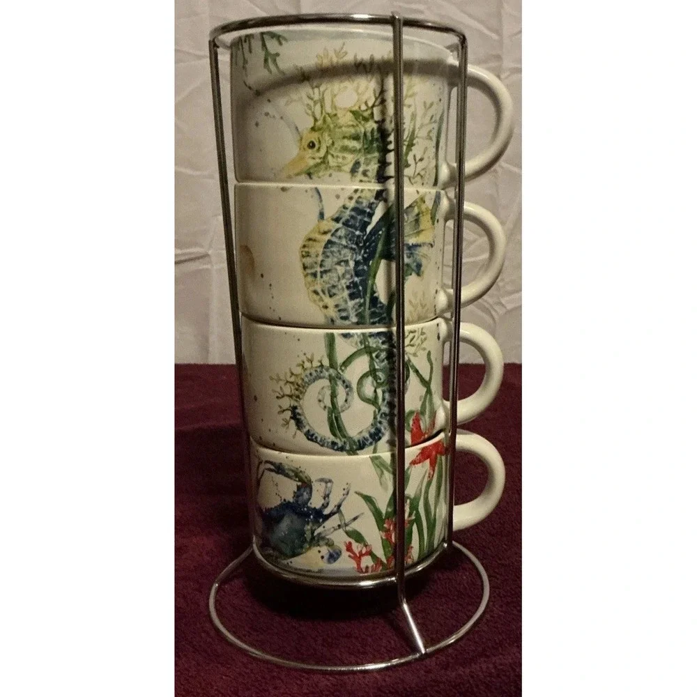 Pier 1 Sea Life 4 Stackable Mugs Set Seahorse Octopus Angelfish Crab